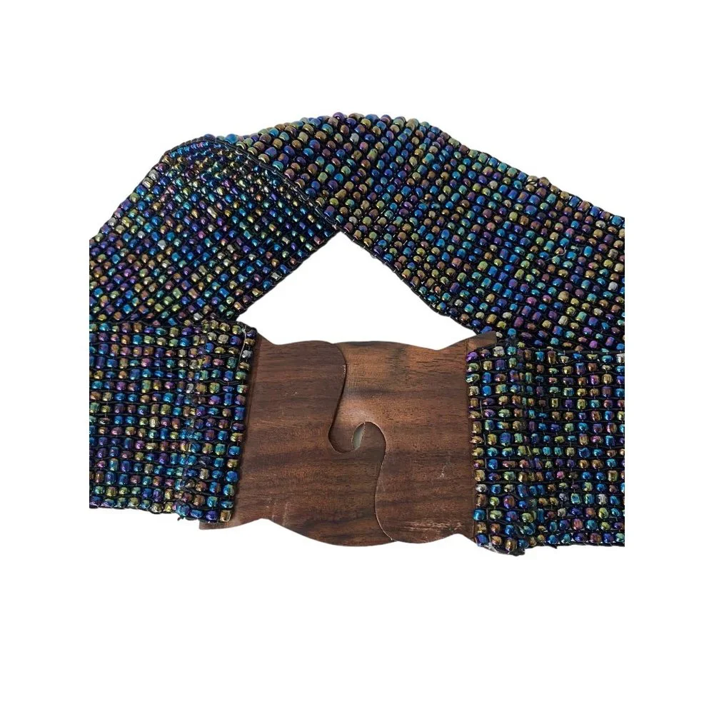 Handmade seed beaded belt stretchy multicolor inlaid‎ wood floral 2.5